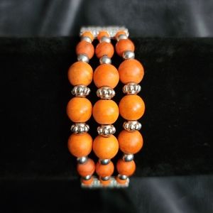 Bracelet Silver Orange Gemstone Bead Layered Bangle Boho